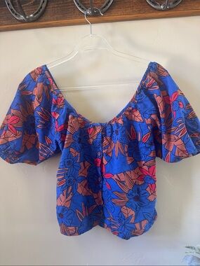 Brixton Blue Floral Off-Shoulder Puff Sleeve Top